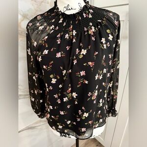 Maeve Black Floral Chiffon Blouse with Sheer Sleeves Smocked Mock High Neck